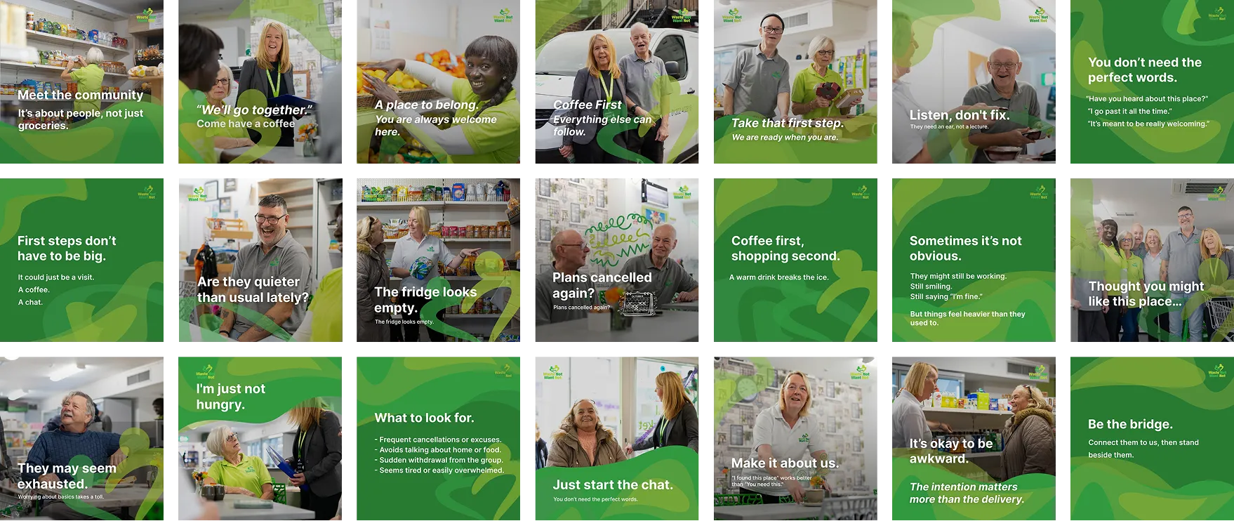 Campaign social media posts grid for Poole WNWN showing dignity-first messaging