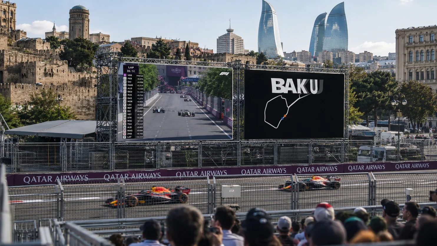 TypeTelemetry large-format reactive typography screen mock-up at a Formula 1 venue