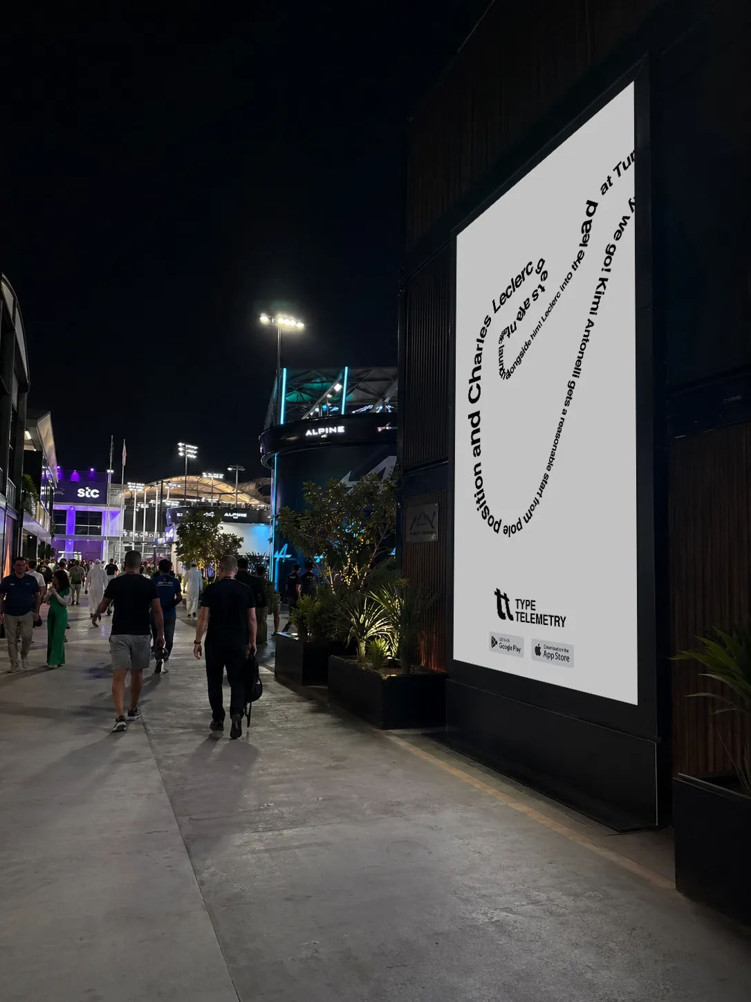 TypeTelemetry trackside paddock billboard mock-up with reactive Formula 1 typography by Archie Durrant